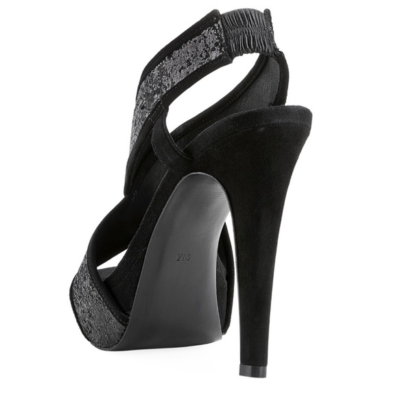 Authentic DIANE VON FURSTENBERG BLACK GLITTER AND SUEDE IRINA 5” HEELS SIZE 6.5M - Picture 4 of 14
